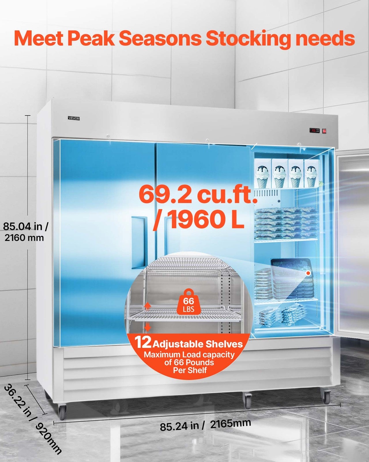 VEVOR Commercial Freezer 66.9 Cu.Ft Reach in Upright Freezer 3 Door 12 Shelves
