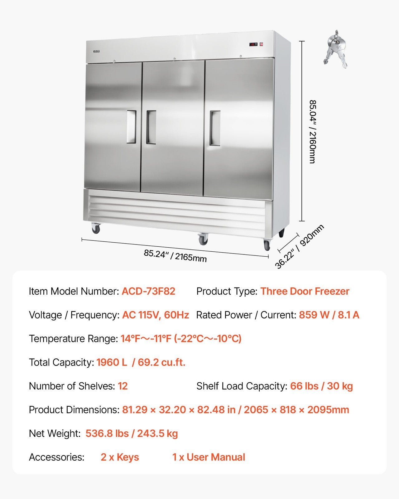 VEVOR Commercial Freezer 66.9 Cu.Ft Reach in Upright Freezer 3 Door 12 Shelves