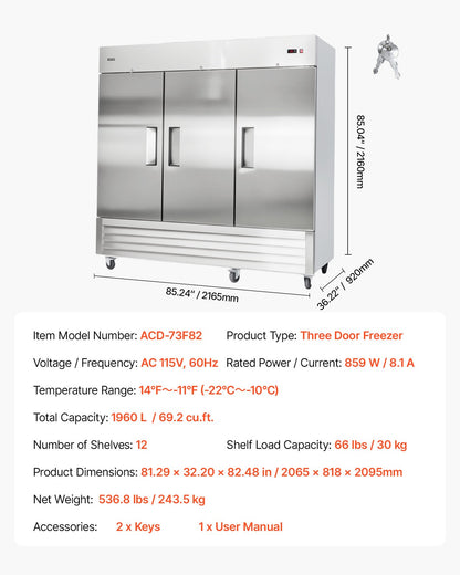 VEVOR Commercial Freezer 66.9 Cu.Ft Reach in Upright Freezer 3 Door 12 Shelves