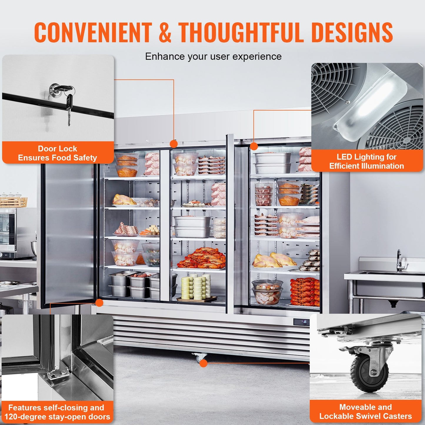 VEVOR Commercial Freezer 60.42 Cu.Ft Reach in Upright Freezer 3 Doors 12 Shelves