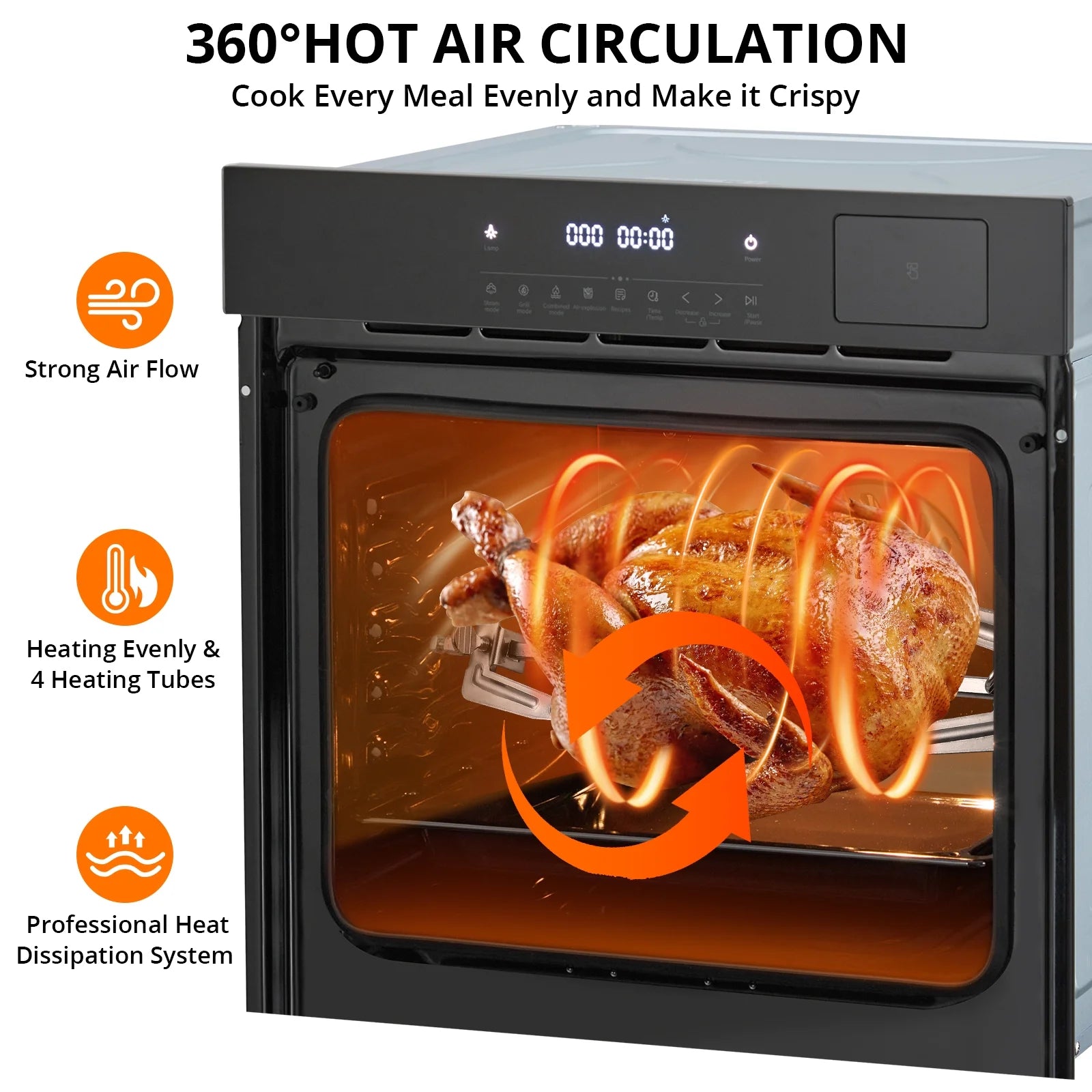 Single Wall Oven, 24 Inch 3000W Built-In Electric Convection Oven, 25 Cu.Ft. Capacity, Touch Control, Timer, Black