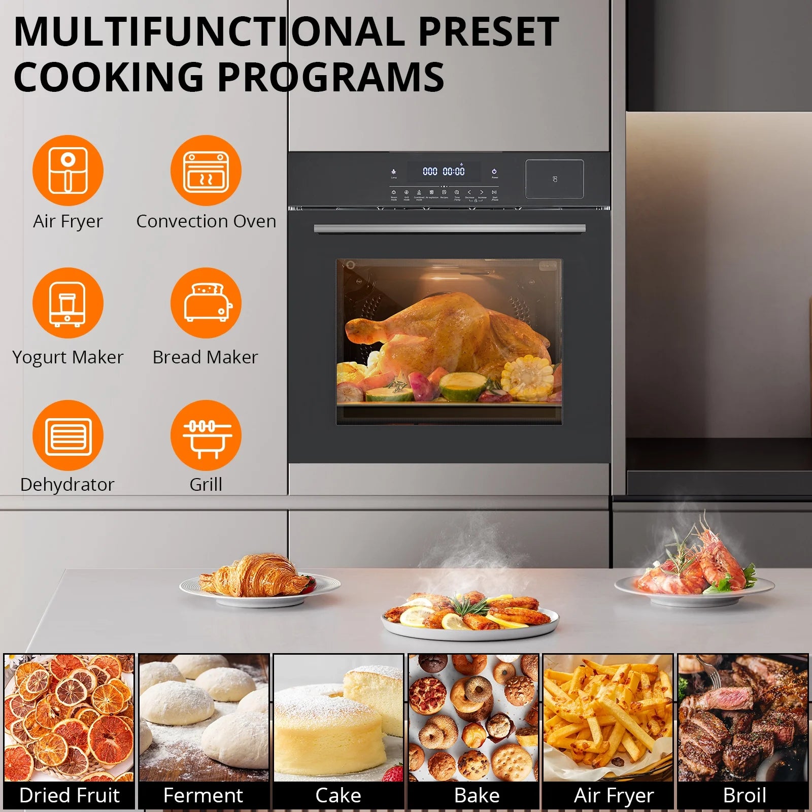 Single Wall Oven, 24 Inch 3000W Built-In Electric Convection Oven, 25 Cu.Ft. Capacity, Touch Control, Timer, Black